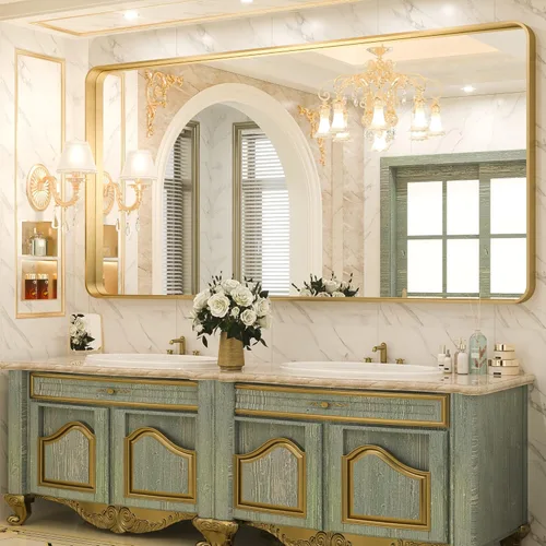 Vista 112 de TokeShimi Espejo de pared de baño de níquel cepillado de 20 x 30 pulgadas, marco de metal, esquina redonda, rectangular, para decoración del hogar