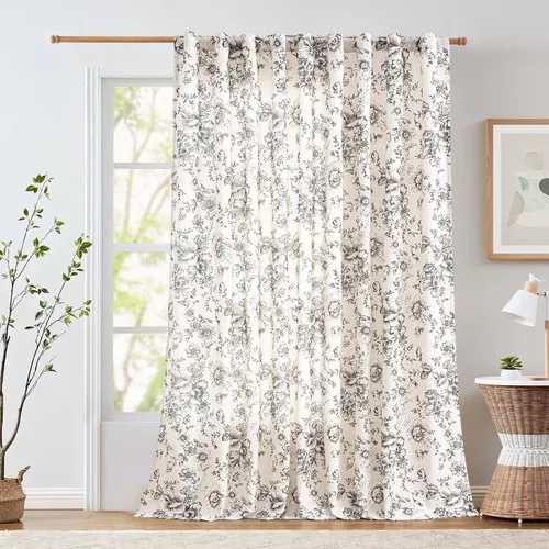 Vista 93 de JINCHAN Cortinas de mezcla de lino con flores para sala de campo francés, cortinas para sala de estar de 84 pulgadas de largo, cortinas impresas