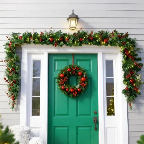 Vista 2 de Guirnalda de Navidad preiluminada de 9 pies con luces, guirnalda de Navidad para mesa, chimenea, escalera, manto de pared, decoración de interiores