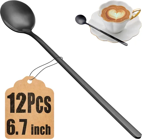 Vista 10 de Juego de 12 cucharas de café, cucharas de té doradas de 6.7 pulgadas, mango largo, cucharaditas pequeñas doradas, cuchara de espresso de acero
