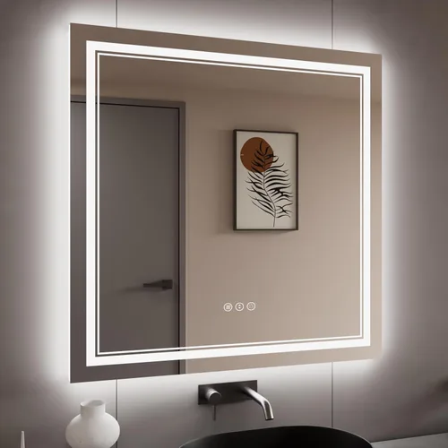Vista 81 de Espejo de baño LED de 48 x 40 pulgadas con luces, retroiluminado y frontal iluminado para pared, espejo de tocador LED inastillable con memoria