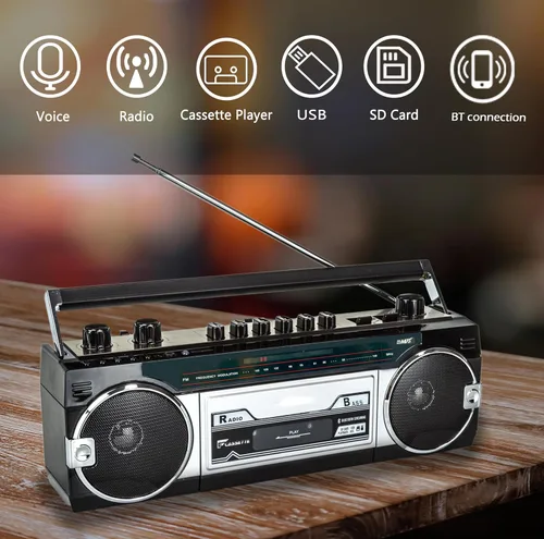 Vista 2 de Retro Boombox, Convertir Casetes a USB/SD, Grabador de Radio Cassette, Ranuras USB/Micro SD, Conector para auriculares, Micrófono incorporado, Negro