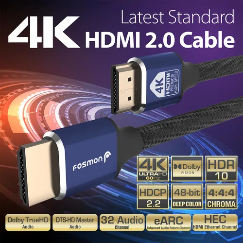 Vista 2 de Fosmon - Cable HDMI 2.0 de 0.3 m, 4K@60Hz, certificado premium en pared CL3, 18Gbps de súper alta velocidad, HDR, HDCP 2.2/1.4, 3D, ARC, 30AWG