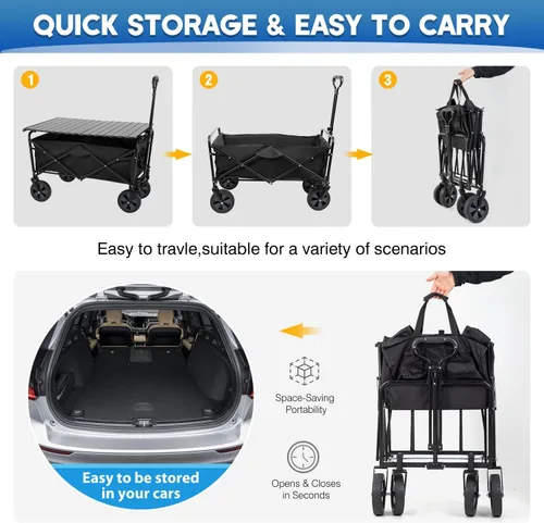 Vista 5 de Carro plegable de jardín plegable con tabla de mesa plegable, ruedas universales para camping, picnic, eventos al aire libre, color negro