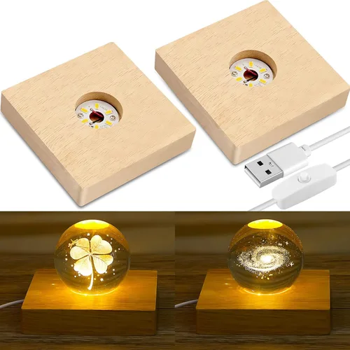 Vista 6 de Honoson 2 piezas de base LED de madera base de exhibición de luz para arte de cristal, soporte de exhibición de luz de resina con 6 LED de resina