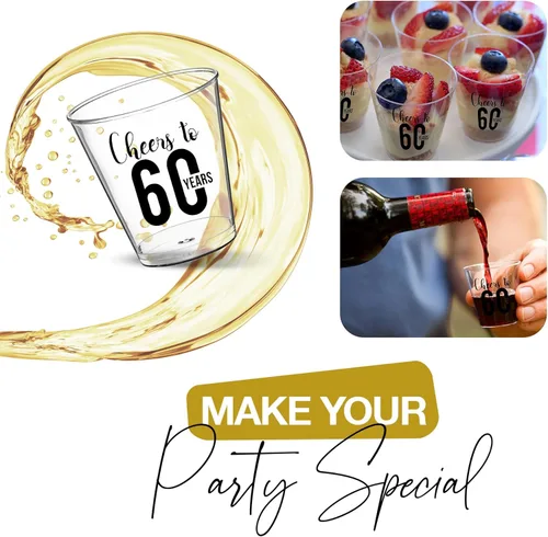 Vista 7 de Vasos de chupito de Cheers to 60 años – 100 unidades, vasos desechables de 2 onzas, regalos de fiesta de cumpleaños 60 para invitados, decoraciones