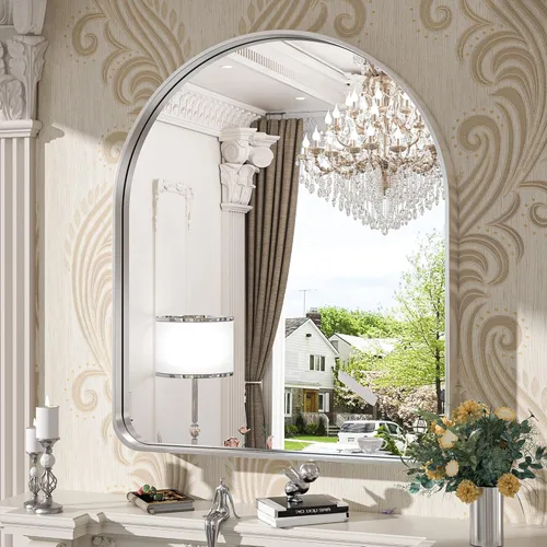 Vista 116 de TokeShimi Espejo de pared de baño de níquel cepillado de 20 x 30 pulgadas, marco de metal, esquina redonda, rectangular, para decoración del hogar