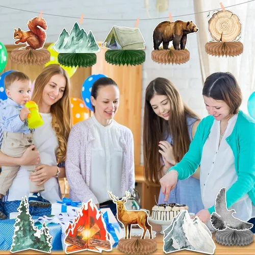 Vista 6 de 10 piezas de decoración de fiesta de aventura espera, decoración de mesa de campamento, deja que la aventura comience centros de mesa, feliz