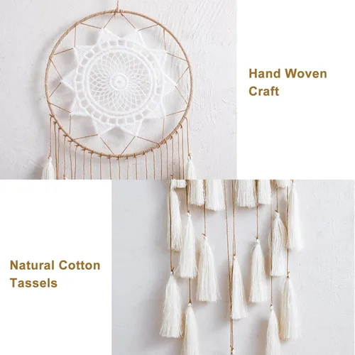 Vista 4 de Artilady - Atrapa-sueños de macramé para dormitorio - Pompones colgantes hechos a mano para decoración del hogar con adorno de plumas con pompones