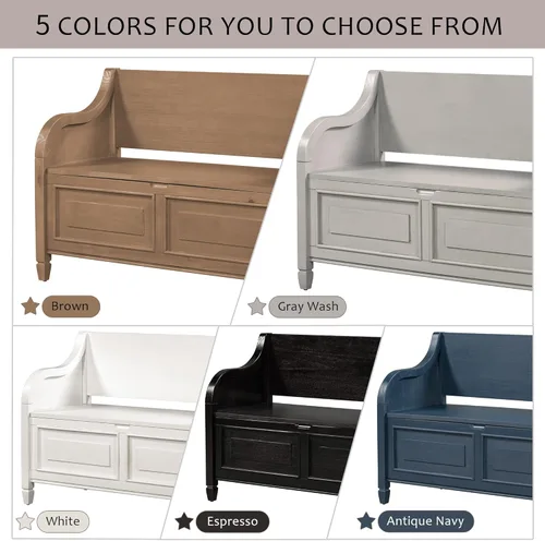 Vista 19 de P PURLOVE Banco de almacenamiento de estilo rústico de 42 pulgadas con bisagra de seguridad, banco de almacenamiento multifuncional de madera maciza