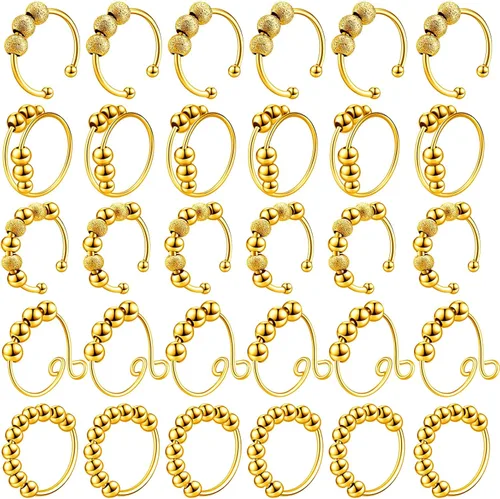 Yinkin 30 anillos para ansiedad para mujeres, de acero inoxidable, ajustable, con cuentas, para hombres y adultos, alivio del estrés (dorado)