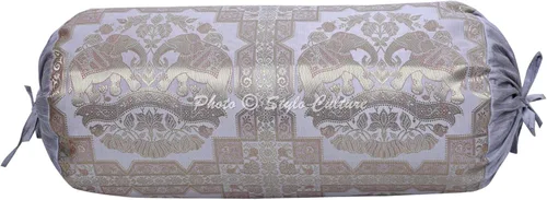 Vista 3 de Juego de 2 fundas de almohada de brocado cilíndrico étnico de brocado de seda jacquard de seda de elefante gris dorado tejido redondo almohada