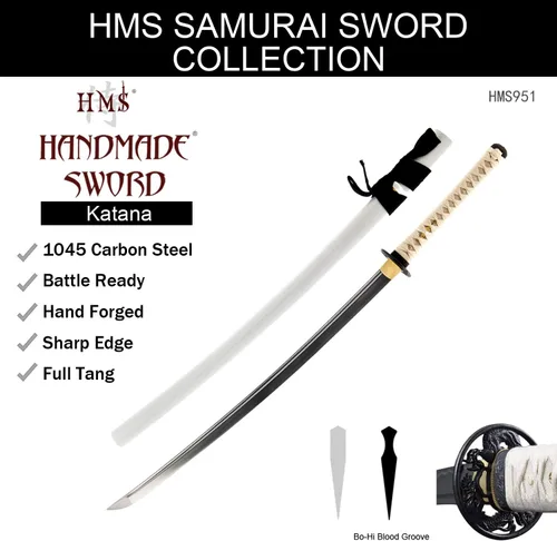 Vista 7 de Handmade Sword – Espada Samurai Katana, práctica, forjada a mano, acero al carbono 1045, templada al calor / arcilla, enredadera completa, afilada