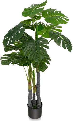 Goplus 4ft Artificial Monstera Deliciosa Plant, Fake Tropical Palm Tree with 20 Large Leaves, Cement Pot, Realistic Moss, Faux Potted Swiss Cheese