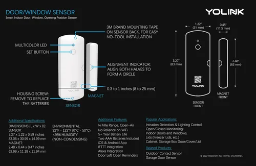 Vista 5 de YoLink Sensor inteligente de puerta y ventana LoRa: alcance al aire libre de hasta 1/4 de milla, recordatorios de puerta dejada abierta, hasta 5