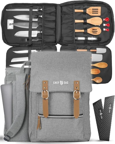 Vista 13 de Chef Sac Mochila vintage para cuchillos de chef, más de 30 bolsillos para cuchillos y herramientas de chef, funda de transporte de cuchillos