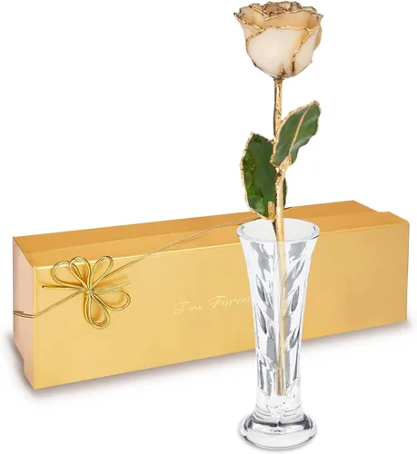 Forever Rose Bañada a mano en oro de 24 quilates, piedra natal de abril inspirada en diamantes con destellos, rosa real en caja de regalo de oro de