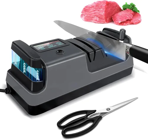 Vista 9 de Afilador de cuchillos eléctrico, 5 en 1, multifuncional, de 3 velocidades, variable, profesional, con pantalla LCD, para cuchillos rectos, dentados