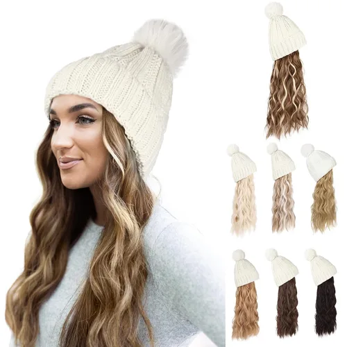Vista 10 de Flufymooz Gorro con peluca, extensión de pelo con gorro de piel sintética con pompón largo ondulado rizado, peluca con gorro adjunto de 20 pulgadas