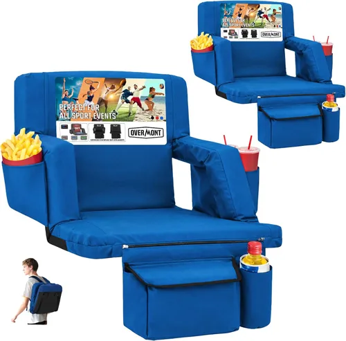 Vista 18 de Overmont Asiento de estadio con soporte trasero, cojín acolchado de 2.8 pulgadas, asiento reclinable de 6 posiciones con doble gancho, correas