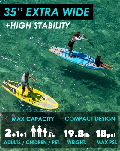 Vista 2 de MOUSA 10‘8/11'×35" Extra Wide Inflatable Stand Up Paddle Board, Stable Paddleboard SUP for 2 People/Family, Anti-Slip Full EVA Deck, 3 Handles, 100L