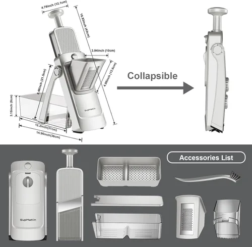 Vista 6 de SupMaKin Upgrade Safe Mandoline Slicer,Multi Vegetable Chopper,Potato Slicer, Onion Chopper with Drain Basket Storage Container, Cheese Grater Gray