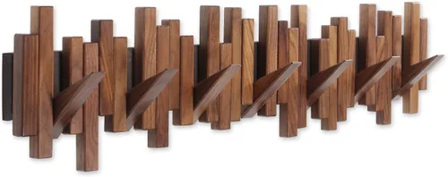 Vista 8 de Perchero de madera para pared con palos montados en la pared, estante múltiple, hecho a mano, en madera de haya natural, con 7 ganchos modernos