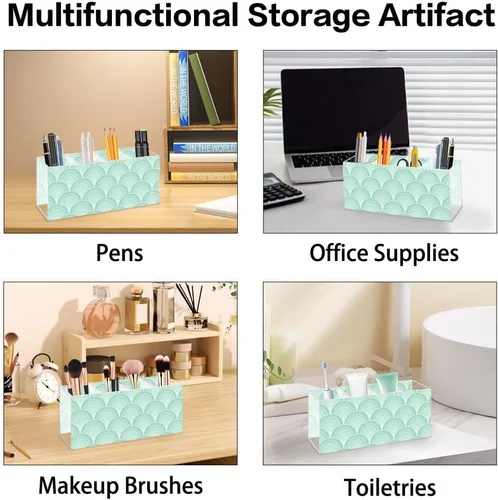 Vista 7 de Green Wavy Retro Acrylic Desk Pen Holder With 4 Compartments Pen Holder Organizer Powder Drink Mix Container Storage Bow Office Decor Container