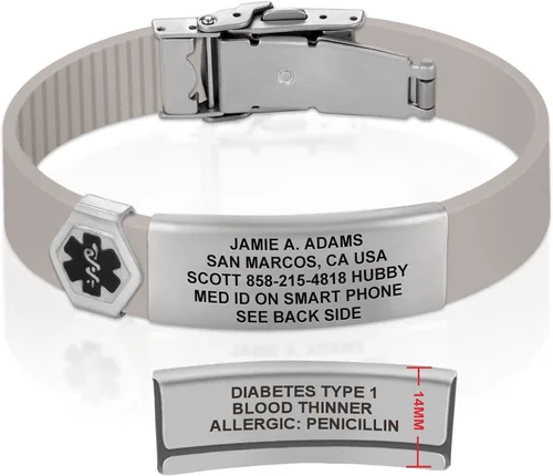 Vista 55 de Divoti Pulsera de identificación de alerta médica grabada personalizada, grabado láser de doble cara (hasta 9 líneas), pulsera de silicona ajustable