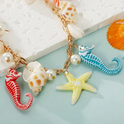Vista 6 de Collar de estrella de mar de concha, pulsera de caracola, collar grueso de sirena, joyería de playa para mujer