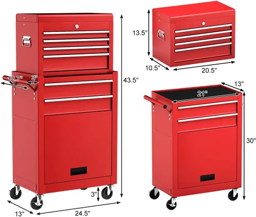Vista 3 de Goplus Baúl de herramientas con ruedas, organizador de herramientas de 6 cajones con parte superior desmontable, ruedas con bloqueo universal, forro