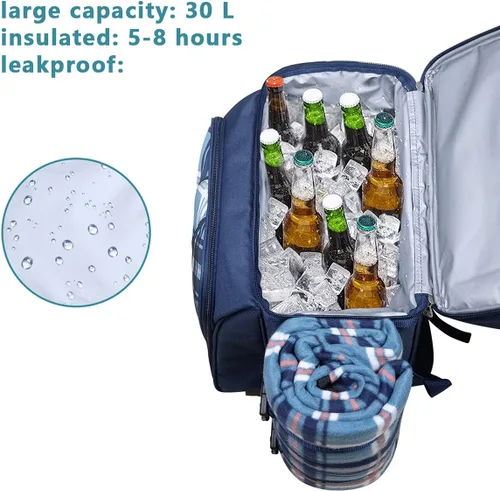 Vista 3 de Hap Tim Mochila de pícnic para 2 personas con compartimento aislado a prueba de fugas, soporte para vino, manta de forro de vellón y juego de Azul