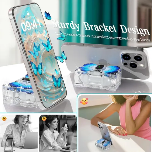 Vista 3 de R-fun Funda para AirPods Pro 2 Butterfly Artistry - Tapa desplegable automática y función de soporte, protección de grado militar de 360°