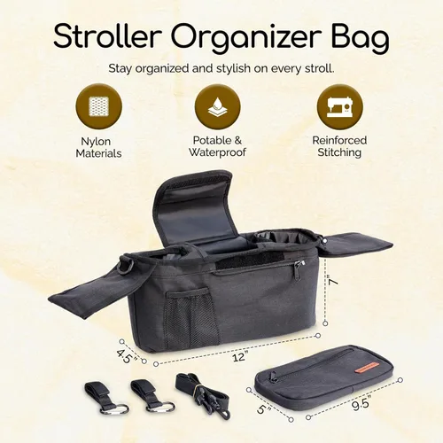 Vista 3 de Bolsa organizadora universal para cochecito con 2 portavasos aislados, bolsa de teléfono desmontable duradera y correa para el hombro, se adapta a