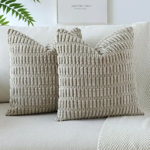 Vista 23 de OTOSTAR - Paquete de 2 fundas de almohada decorativas de pana suave de 18 x 18 pulgadas, funda de cojín a rayas estilo bohemio para sofá, cama, sala