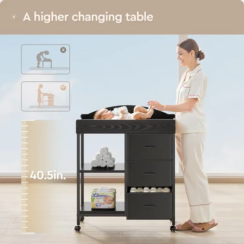 Vista 2 de YeTom Mesa Cambiador Cómoda, Cómoda para Bebé con 3 Cajones de Tela y 2 Estantes, Mesa Cambiador Multifuncional para Bebé con Almohadilla, Cómoda
