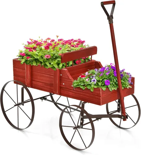 Vista 11 de Giantex Maceta decorativa para jardín, carrito pequeño con ruedas de metal, camas elevadas de madera, soporte para macetas para patio trasero