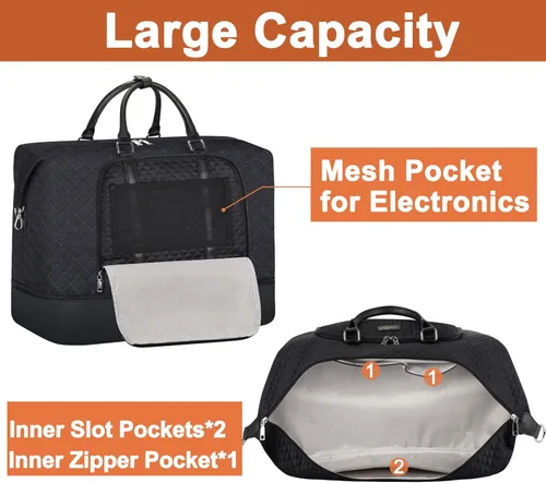 Vista 4 de Bolsa de viaje de fin de semana para mujer, bolsa de noche con compartimento para zapatos, bolsa de viaje de gran tamaño con funda para carrito