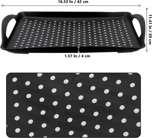 Vista 2 de Paquete de 4 bandejas antideslizantes para servir alimentos con asas, bandeja rectangular de plástico de 16.5 x 11.4 x 1.57 pulgadas, bandeja negra