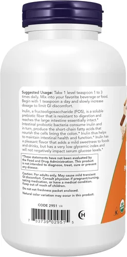 Vista 3 de NOW Foods Suplementos, polvo puro prebiótico de inulina, certificado orgánico, proyecto verificado sin OMG, soporte intestinal*, 1 libra