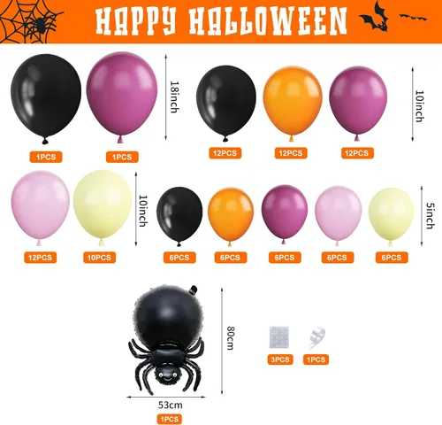 Vista 2 de Kit de guirnalda de globos de Halloween, kit de arco de globos de Halloween negro, naranja, rosa, con globo amarillo pastel, araña, fantasma
