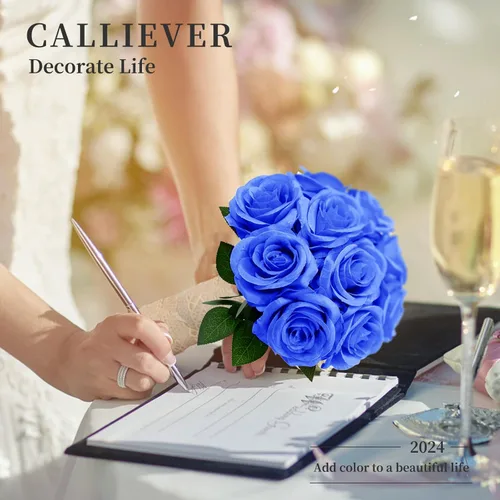 Vista 5 de 12 flores artificiales de rosas, ramo de flores artificiales de seda, rosas sintéticas con tallos, 19.7 in, rosas decorativas para bodas y Azul