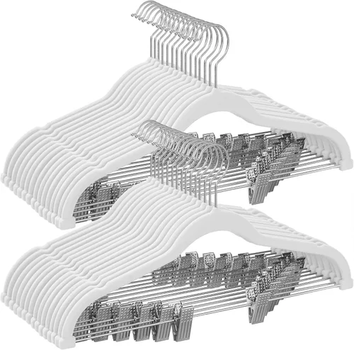 Vista 16 de SONGMICS Paquete de 30 perchas para pantalones, perchas de terciopelo de 16.7 pulgadas de largo con clips ajustables, resistentes, antideslizantes