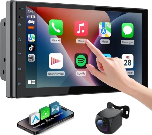 Haudio Estéreo inalámbrico de doble DIN de 7 pulgadas con Carplay y Android Auto, Bluetooth, canal RCA, cámara de respaldo, SWC, FM/AM, pantalla de