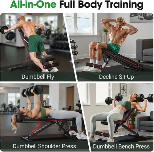 Vista 12 de FLYBIRD Banco de pesas ajustable que se adapta hasta 6'5'', capacidad de 750 libras para entrenamiento de cuerpo completo, banco plegable resistente