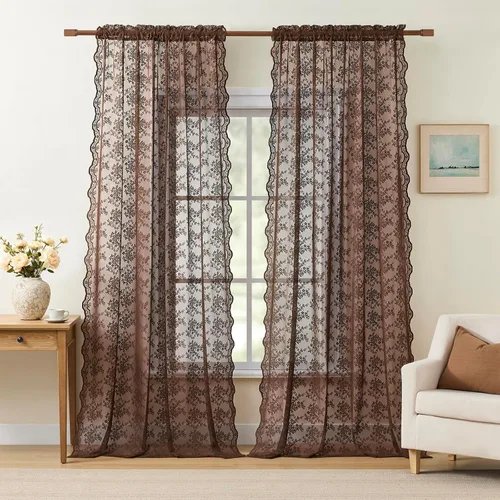 Vista 15 de YJ YANJUN Cortinas traslúcidas negras de 54 pulgadas de largo, panel de cortina de encaje gótico victoriano para cocina, cortinas cortas