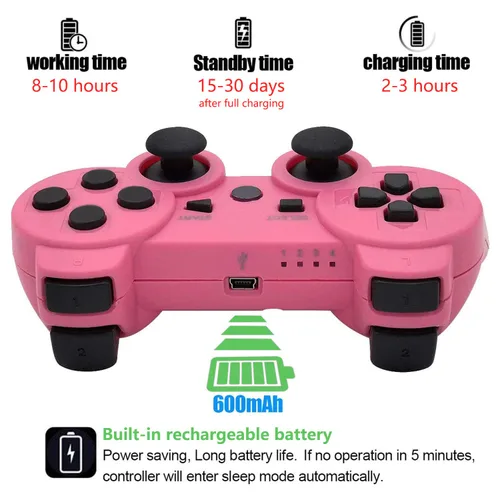 Vista 5 de PS3 Controller Wireless, Gaming Remote Joystick for Playstation 3 with Charger Cable Cord (Black, Pink, White, Blue)