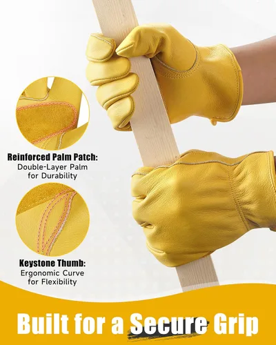 Vista 3 de DULFINE Cowhide Leather Work Gloves for Men & Women, Reinforced Durable Gardening Gloves, Puncture & Cut Resistant