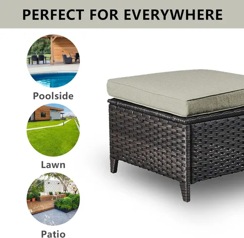 Vista 6 de Juego de 2 taburetes otomanos de mimbre de ratán para todo tipo de clima, con cojines suaves para muebles de patio