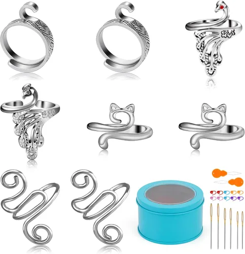 Vista 8 de 11 Piezas Anillos de Ganchillo, Anillos de Tensión de Tejido Ajustables, Anillos de Hilo con Bucle para Dedos, Anillo de Ganchillo para Dedo, Guía